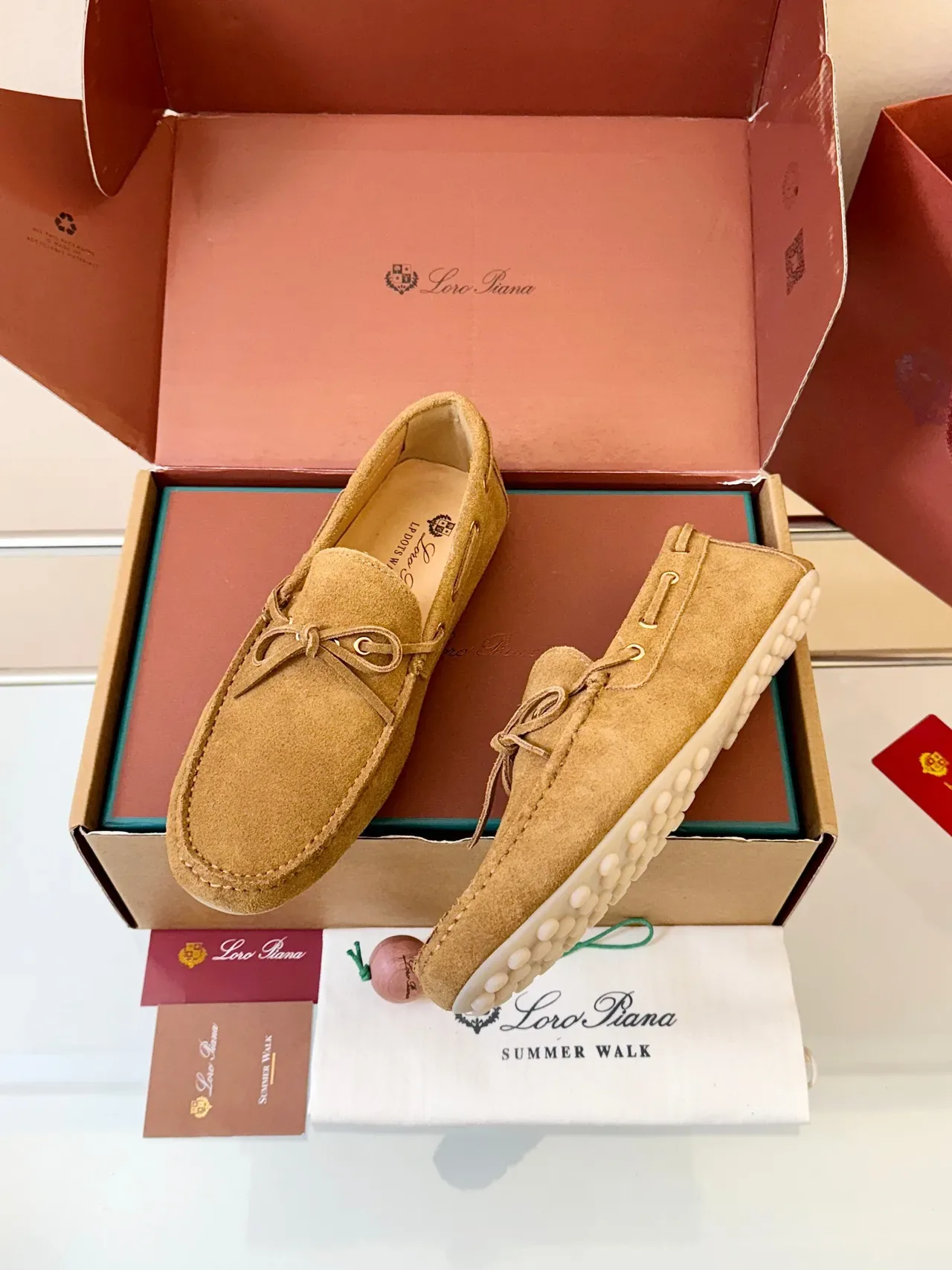 Tan Suede Grommet-Laced Bow Loafers 2