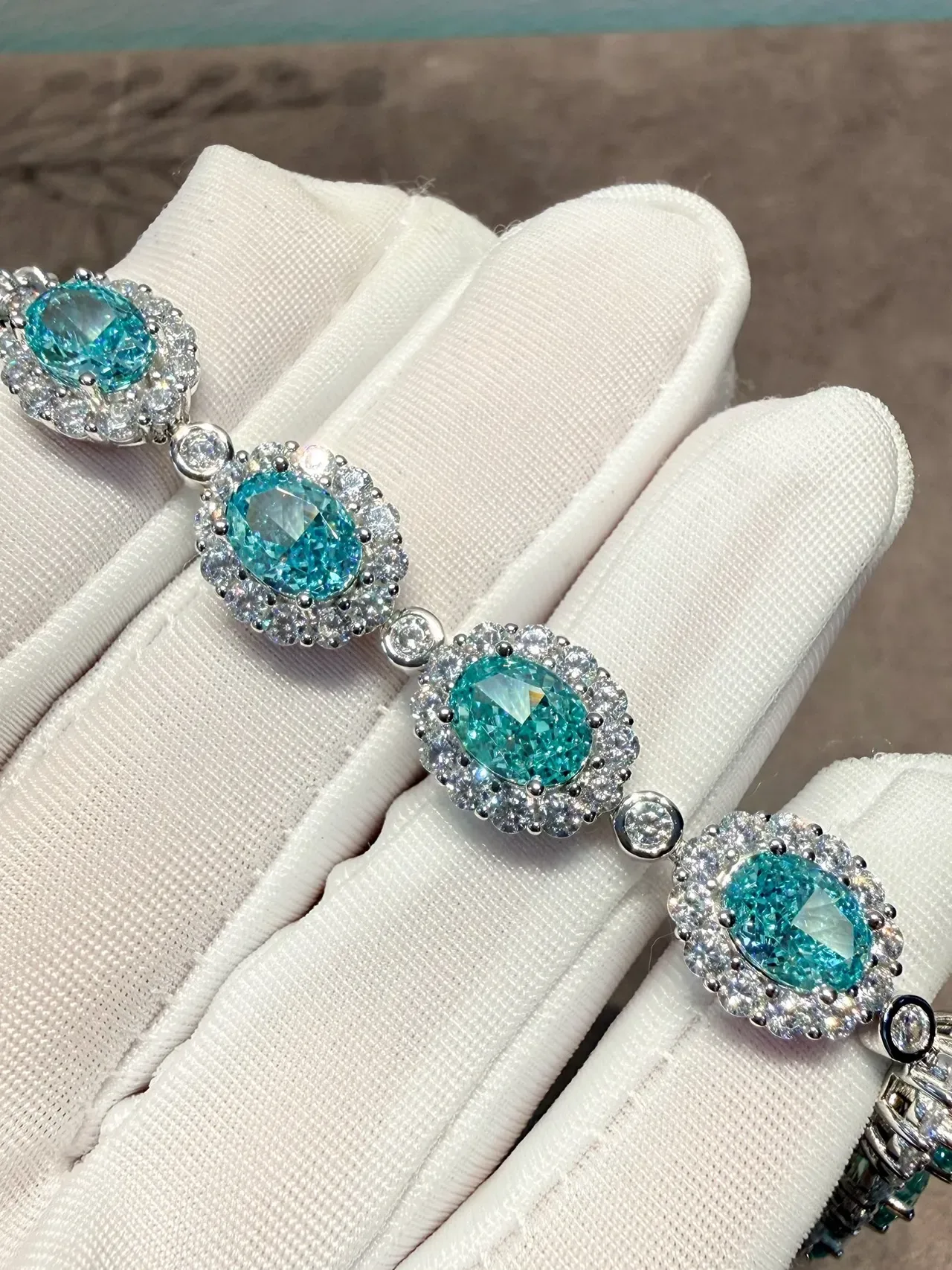 Teal Oval Gemstone Halo Pavé Linked Bracelet 2