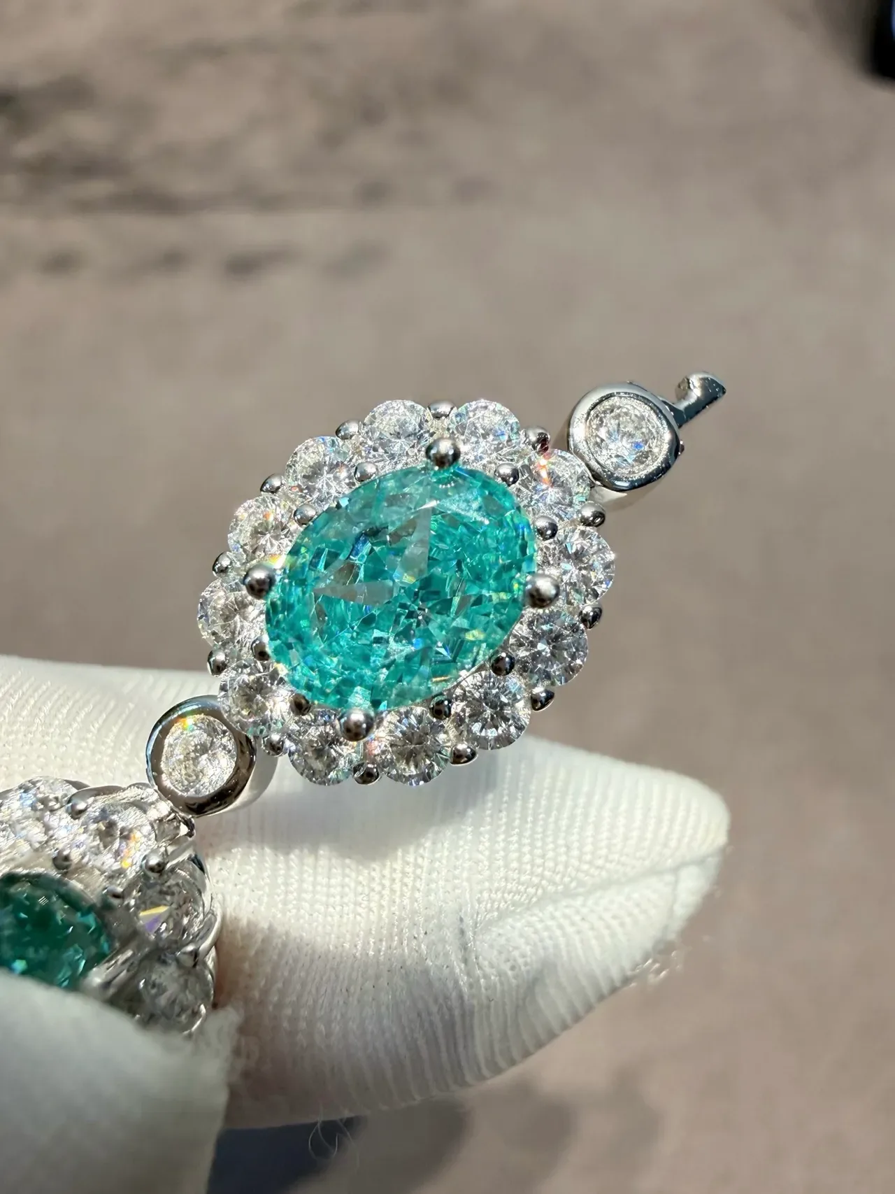 Teal Oval Gemstone Halo Pavé Linked Bracelet 4