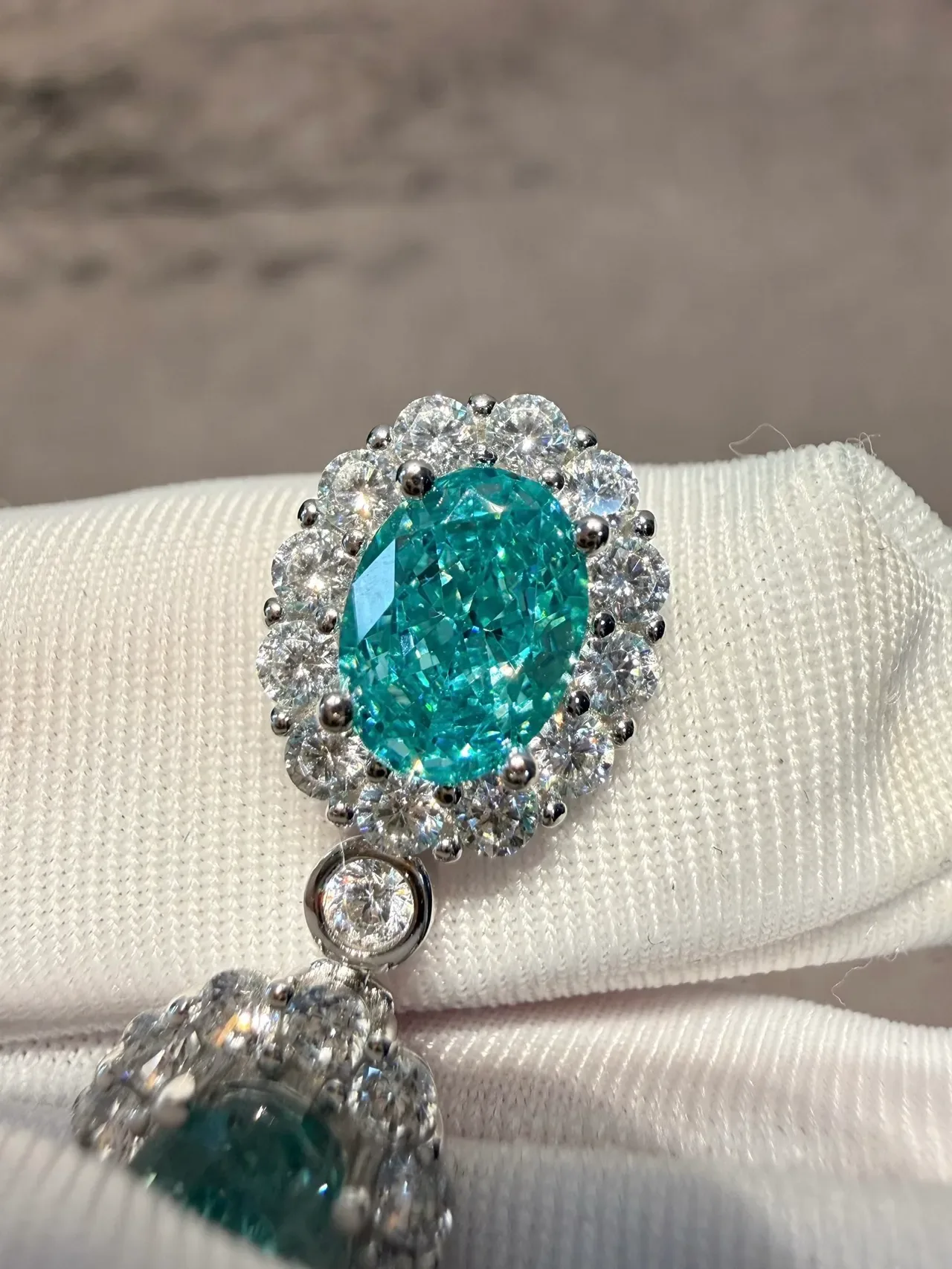 Teal Oval Gemstone Halo Pavé Linked Bracelet 6