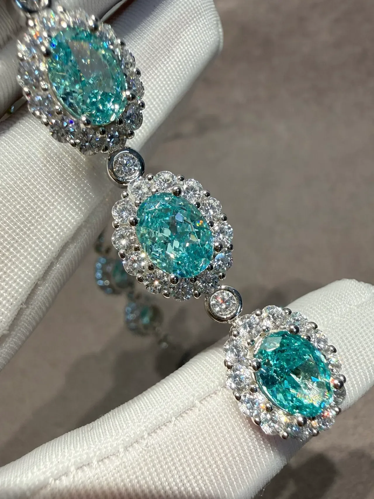 Teal Oval Gemstone Halo Pavé Linked Bracelet 8