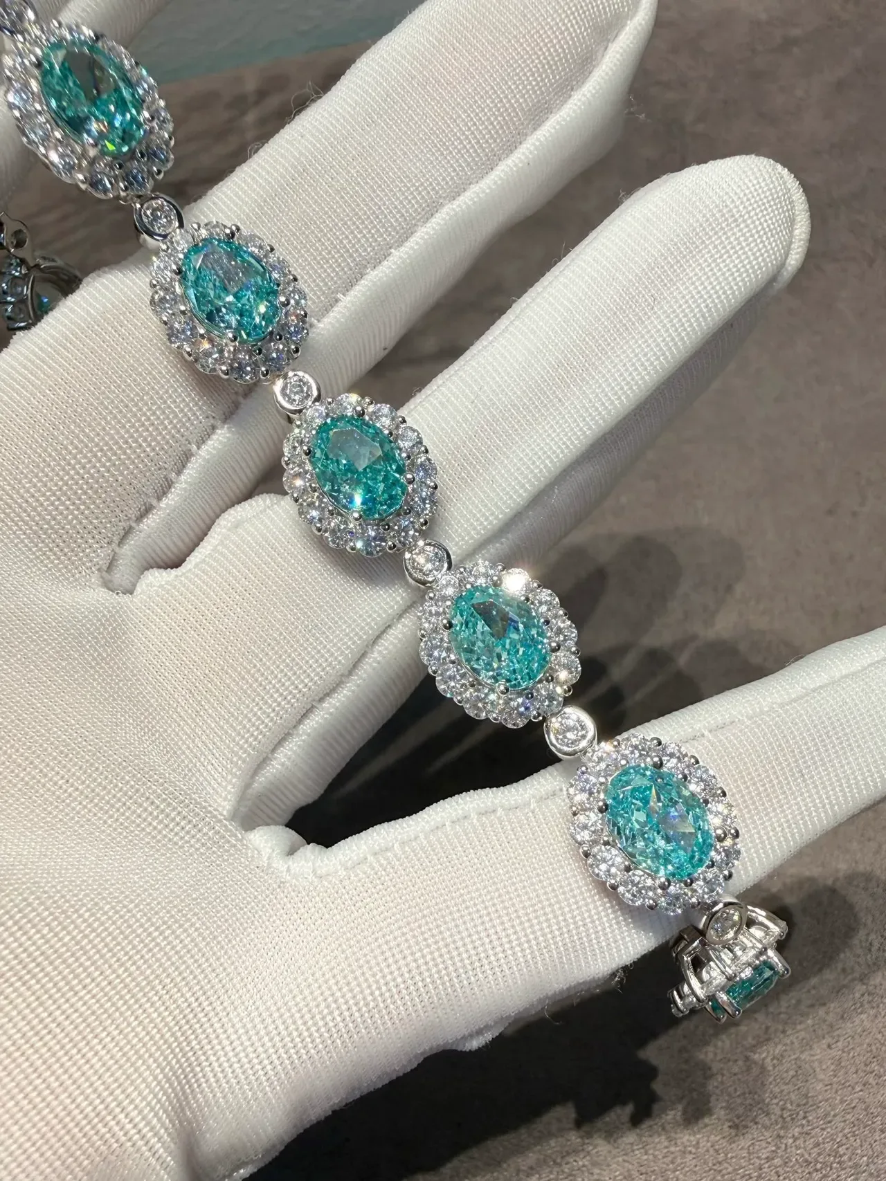Teal Oval Gemstone Halo Pavé Linked Bracelet 9