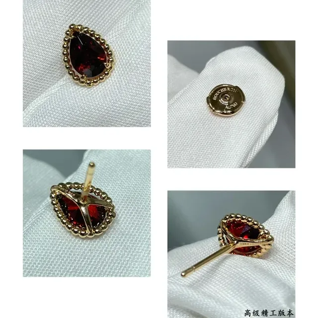 Teardrop Red Gemstone Gold-Tone Beaded Stud Earring 6