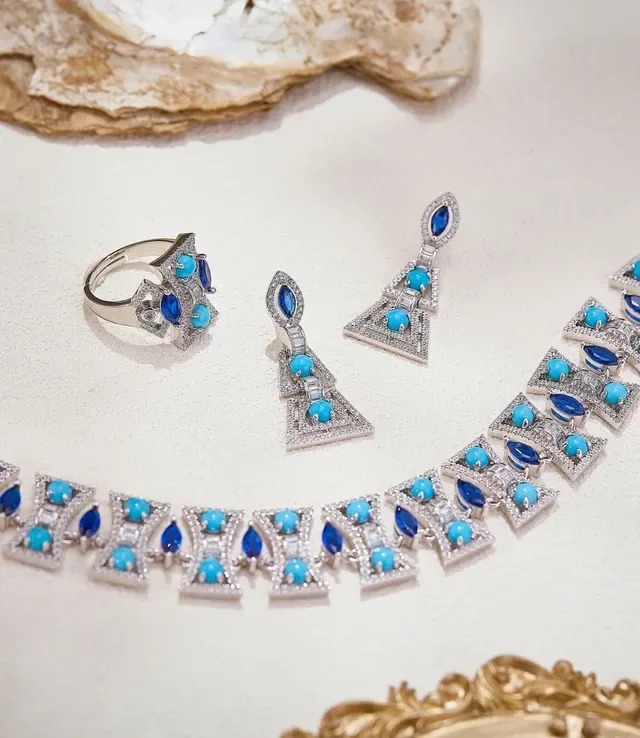 Turquoise and Blue Gemstone Geometric Choker Necklace 3