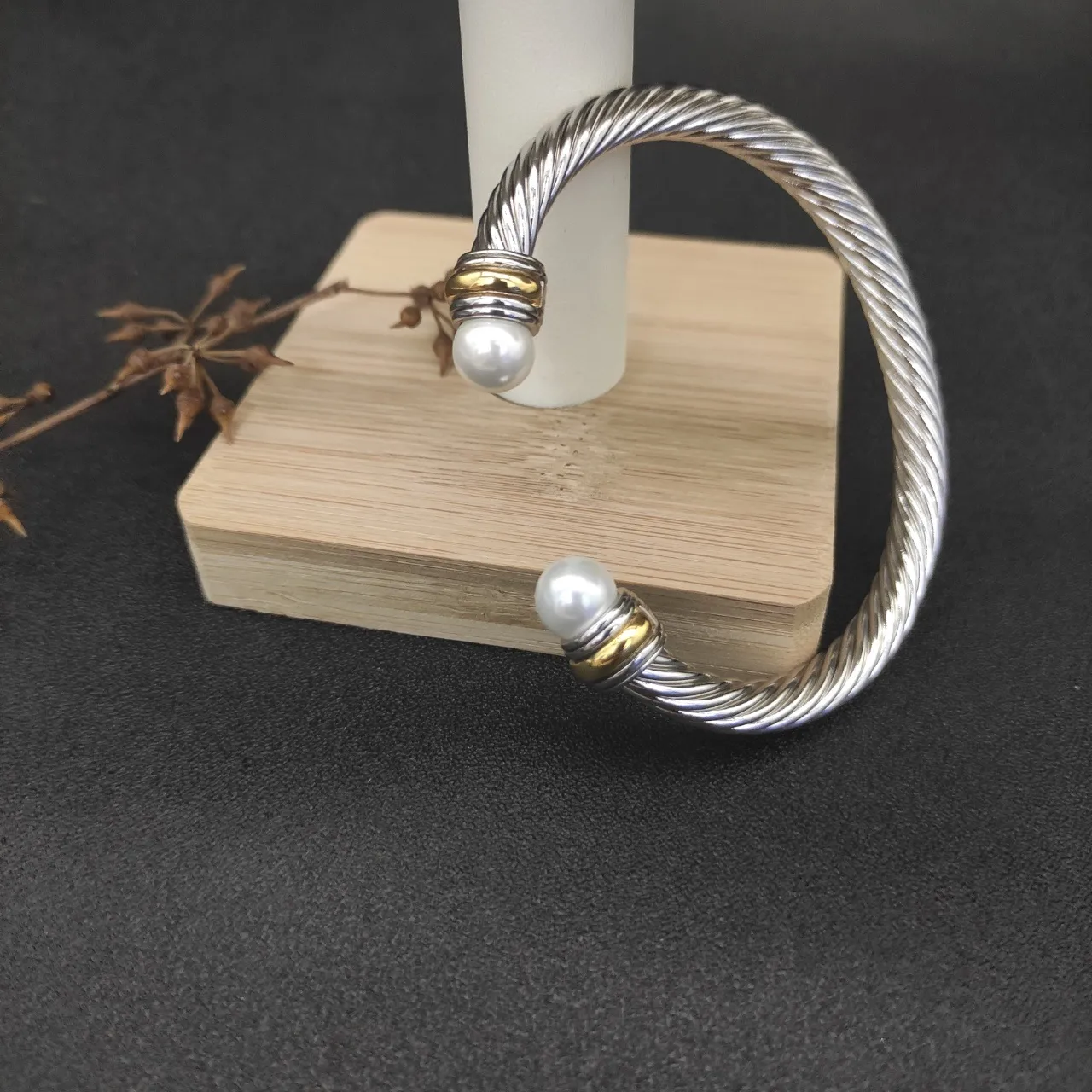 Twisted Cable Pearl-End Two-Tone Metal Bracelet 5