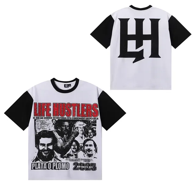 White and Black Contrast-Sleeve Graphic Print T-Shirt 2