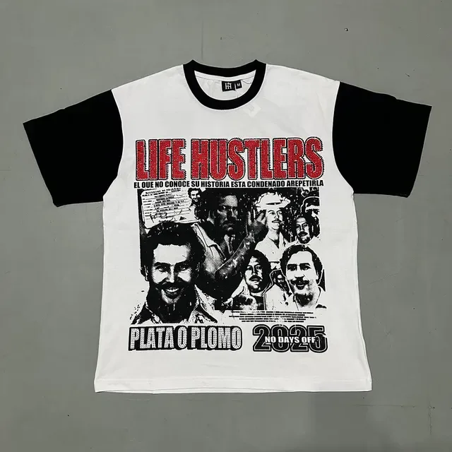 White and Black Contrast-Sleeve Graphic Print T-Shirt 8