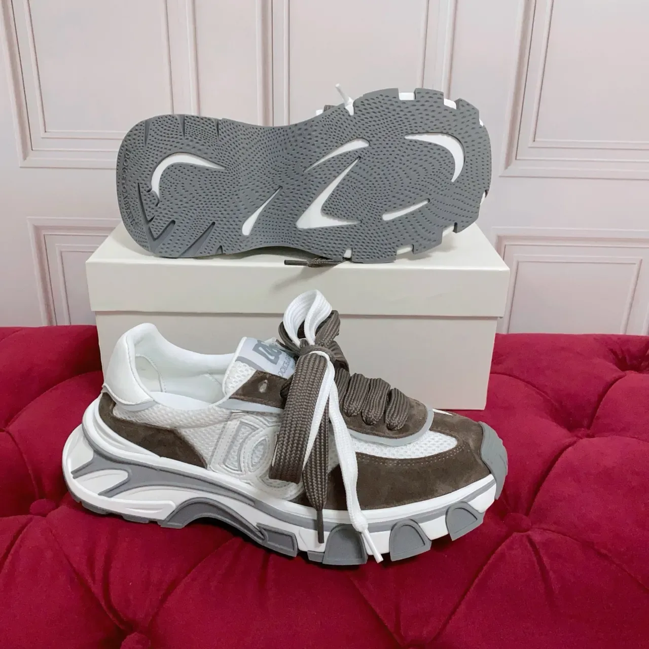 White and Brown Mesh Suede Chunky Sole Lifestyle Sneakers 3