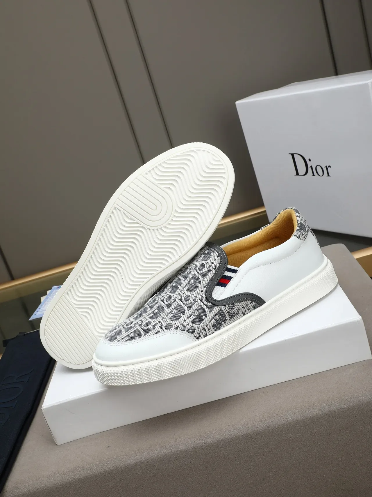 White and Gray Monogram-Print Slip-On Lifestyle Sneakers 4