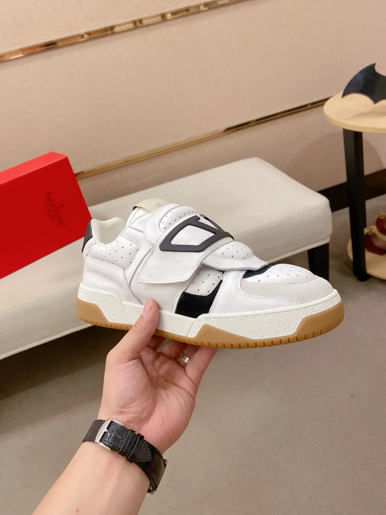 White Black Strap-and-Buckle Closure Perforated Leather Upper Sneakers 4