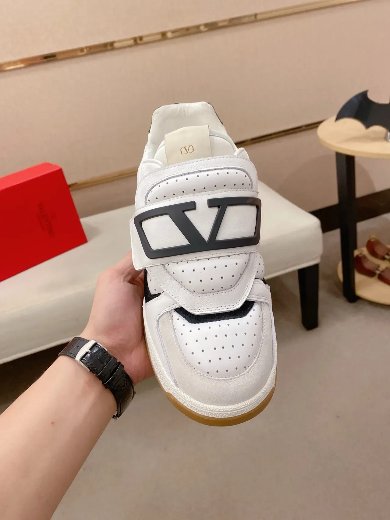 White Black Strap-and-Buckle Closure Perforated Leather Upper Sneakers 5