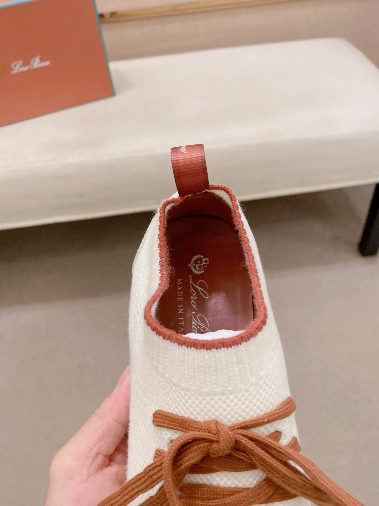 White Brown Knit Sock-Fit Upper Contrasting Tan Laces Sneakers 4