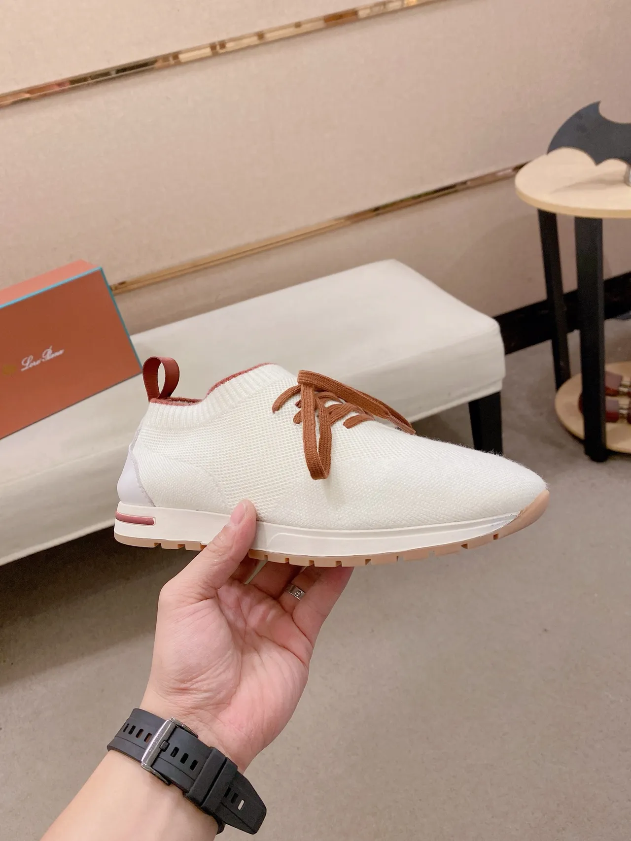 White Brown Knit Sock-Fit Upper Contrasting Tan Laces Sneakers 5