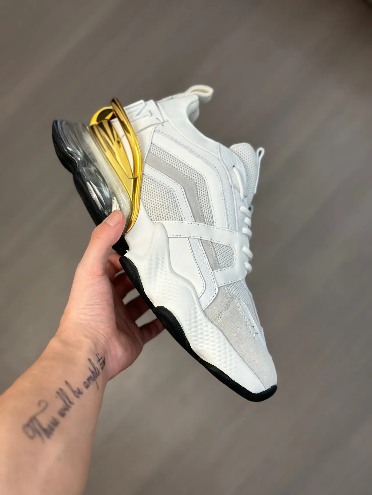 White Gold Midsole Mesh And Synthetic Overlay Construction Chunky Sneakers 4