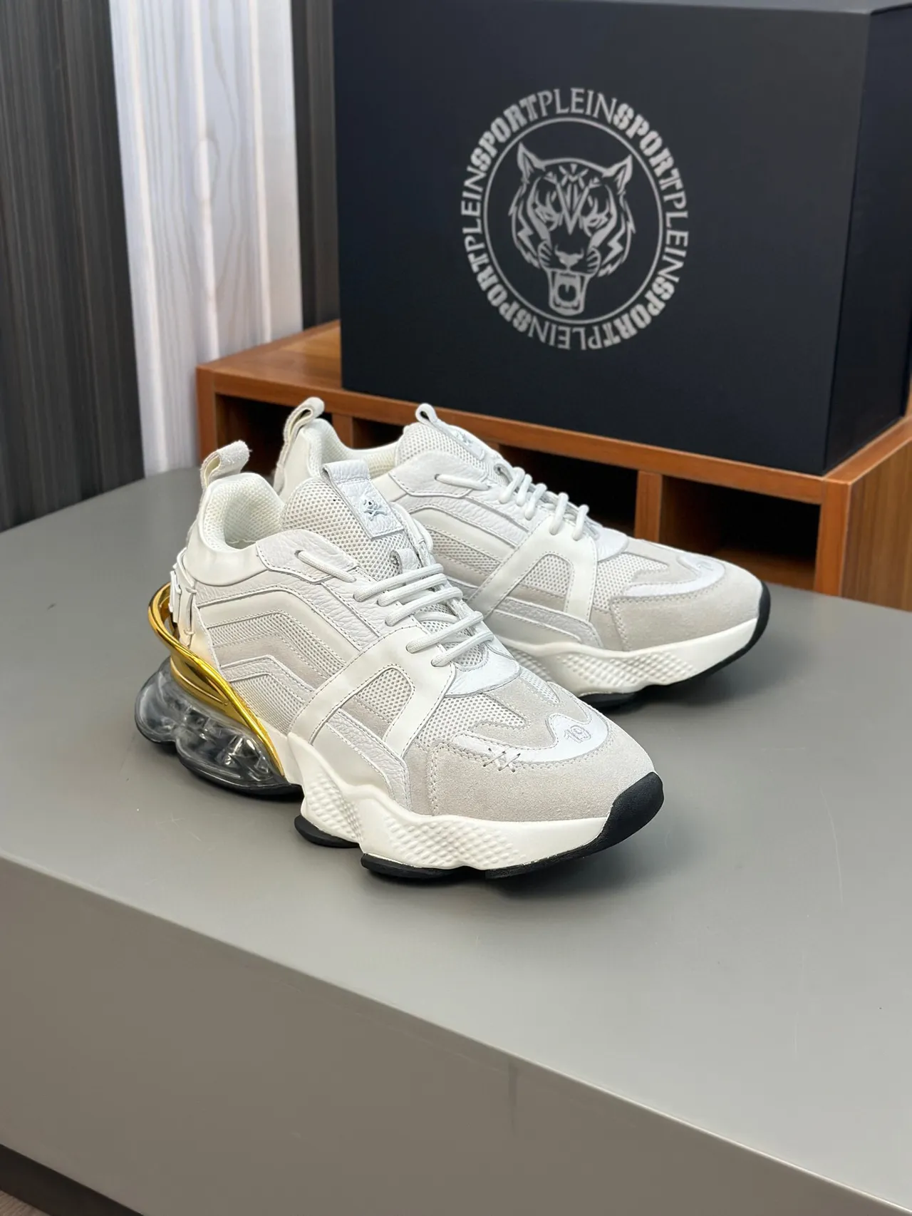 White Gold Midsole Mesh And Synthetic Overlay Construction Chunky Sneakers 6