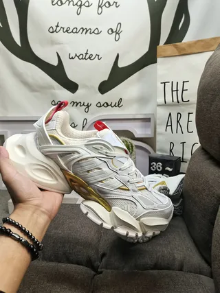 White Gold Sculpted Sole Layered Synthetic Cage Chunky Sneakers 5