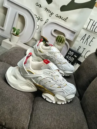 White Gold Sculpted Sole Layered Synthetic Cage Chunky Sneakers 9