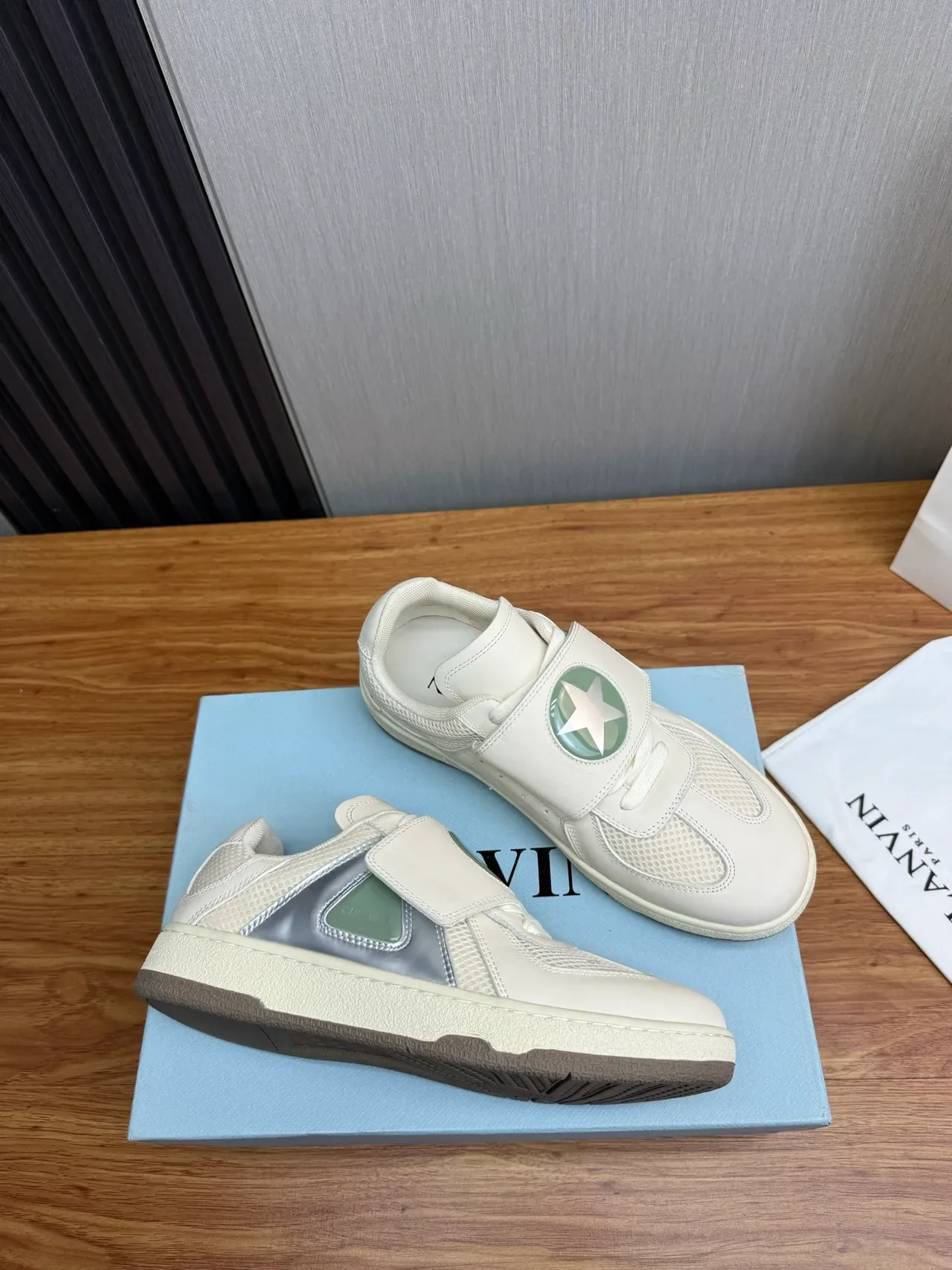 White Green Strap-Closure Mesh-and-Leather Upper Sneakers 6