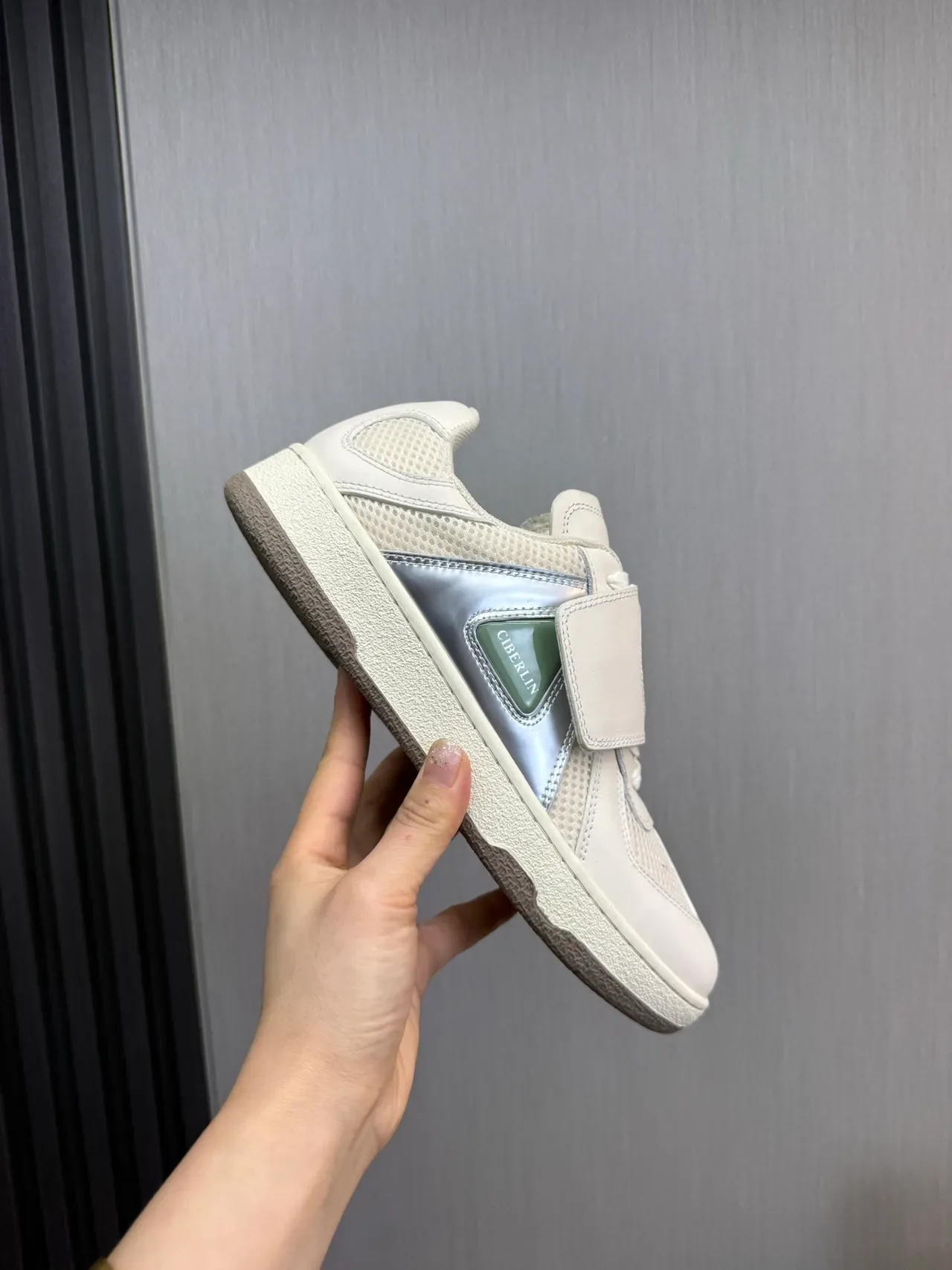 White Green Strap-Closure Mesh-and-Leather Upper Sneakers 7