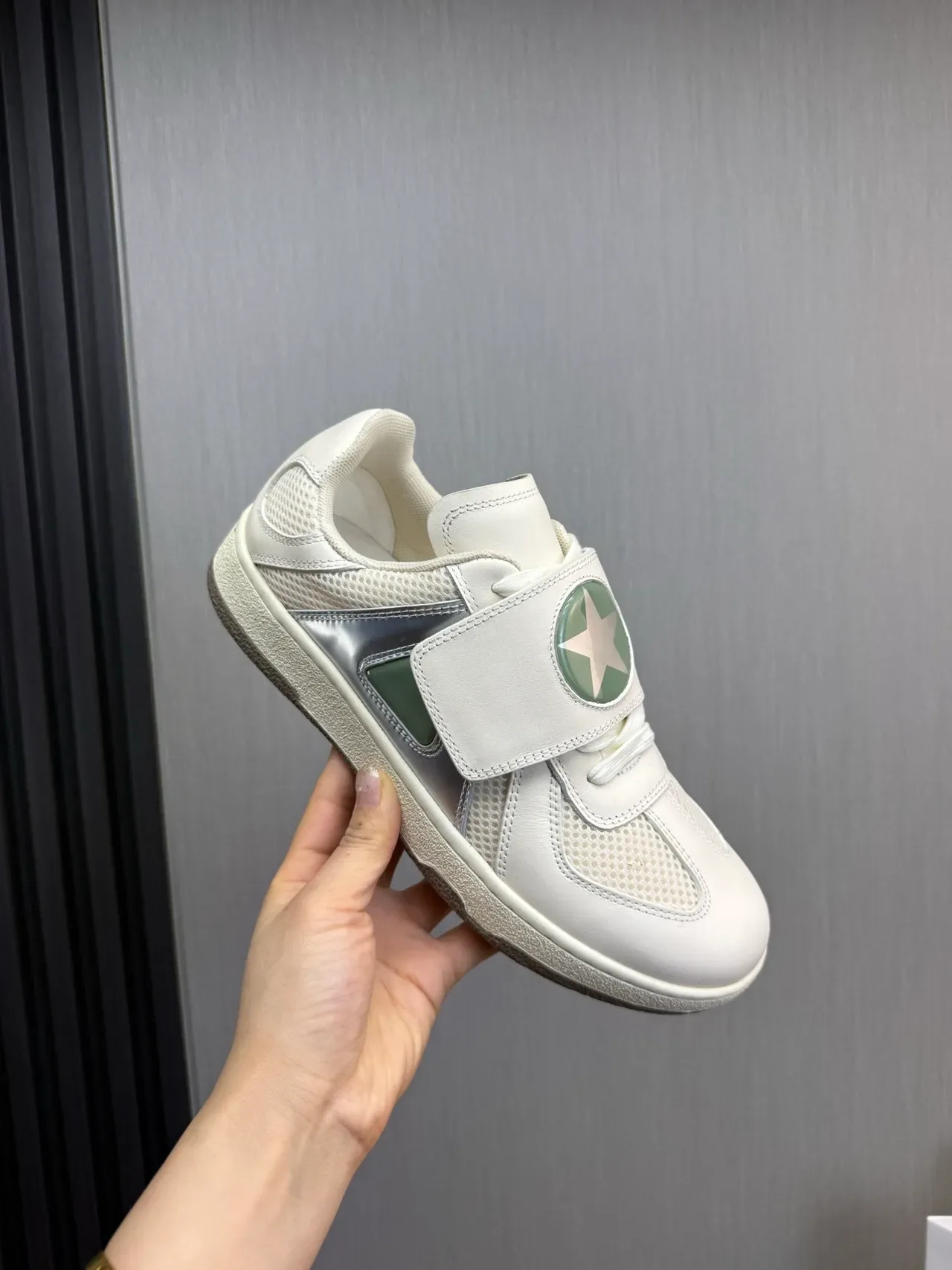 White Green Strap-Closure Mesh-and-Leather Upper Sneakers 8