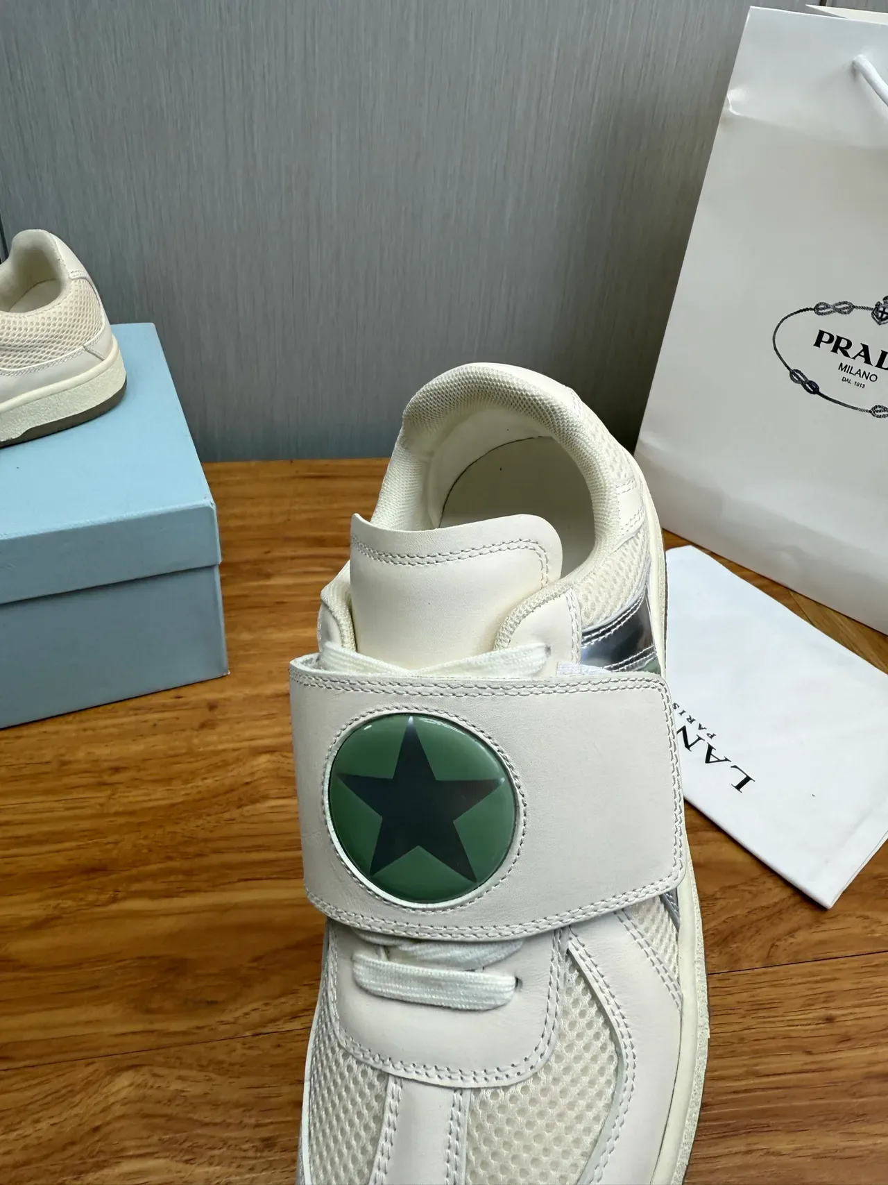 White Green Strap-Closure Mesh-and-Leather Upper Sneakers 9