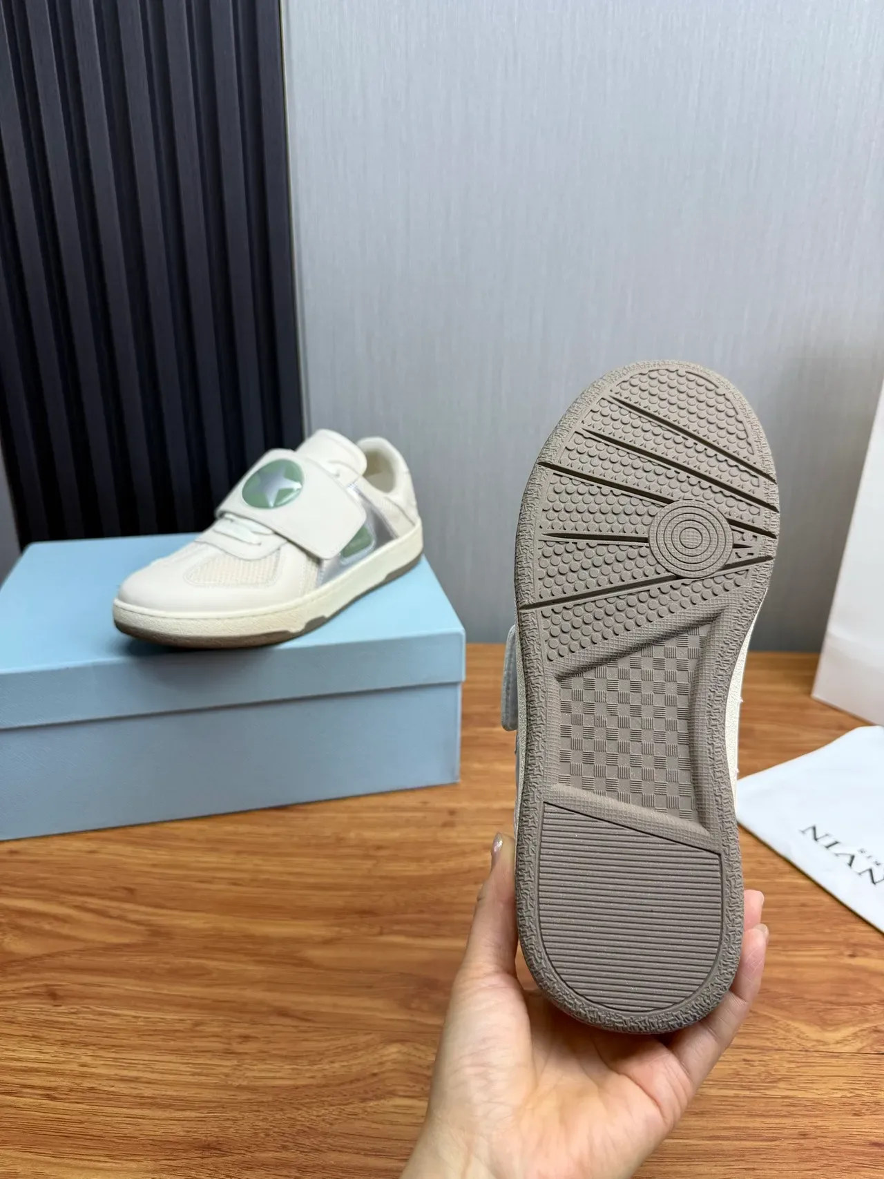 White Green Strap-Closure Mesh-and-Leather Upper Sneakers 10