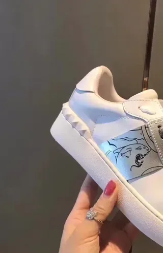 White Silver Leather Upper Metallic Printed Strap Sneakers 4