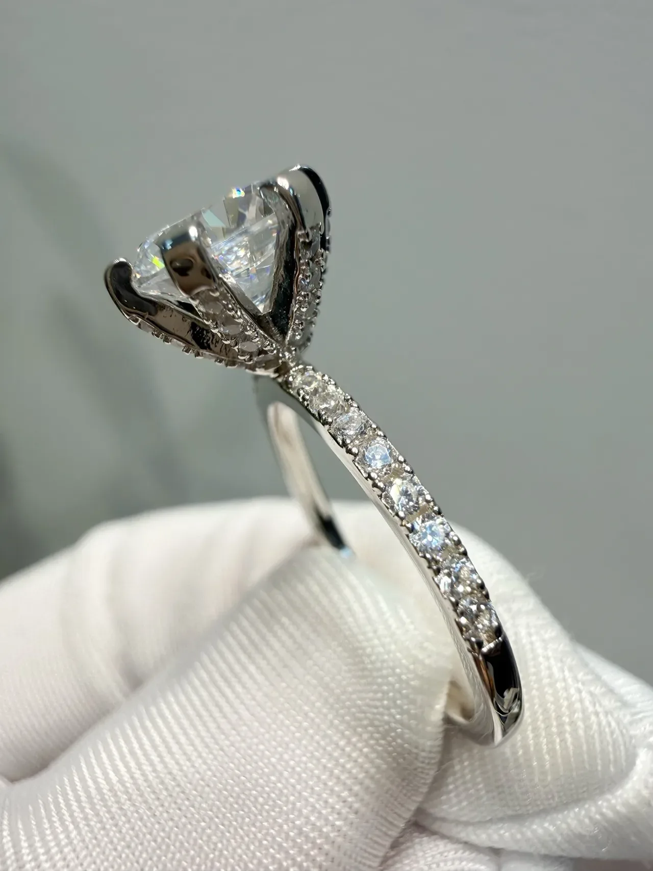 White Silver Six-Prong Solitaire Pavé Band Ring 2