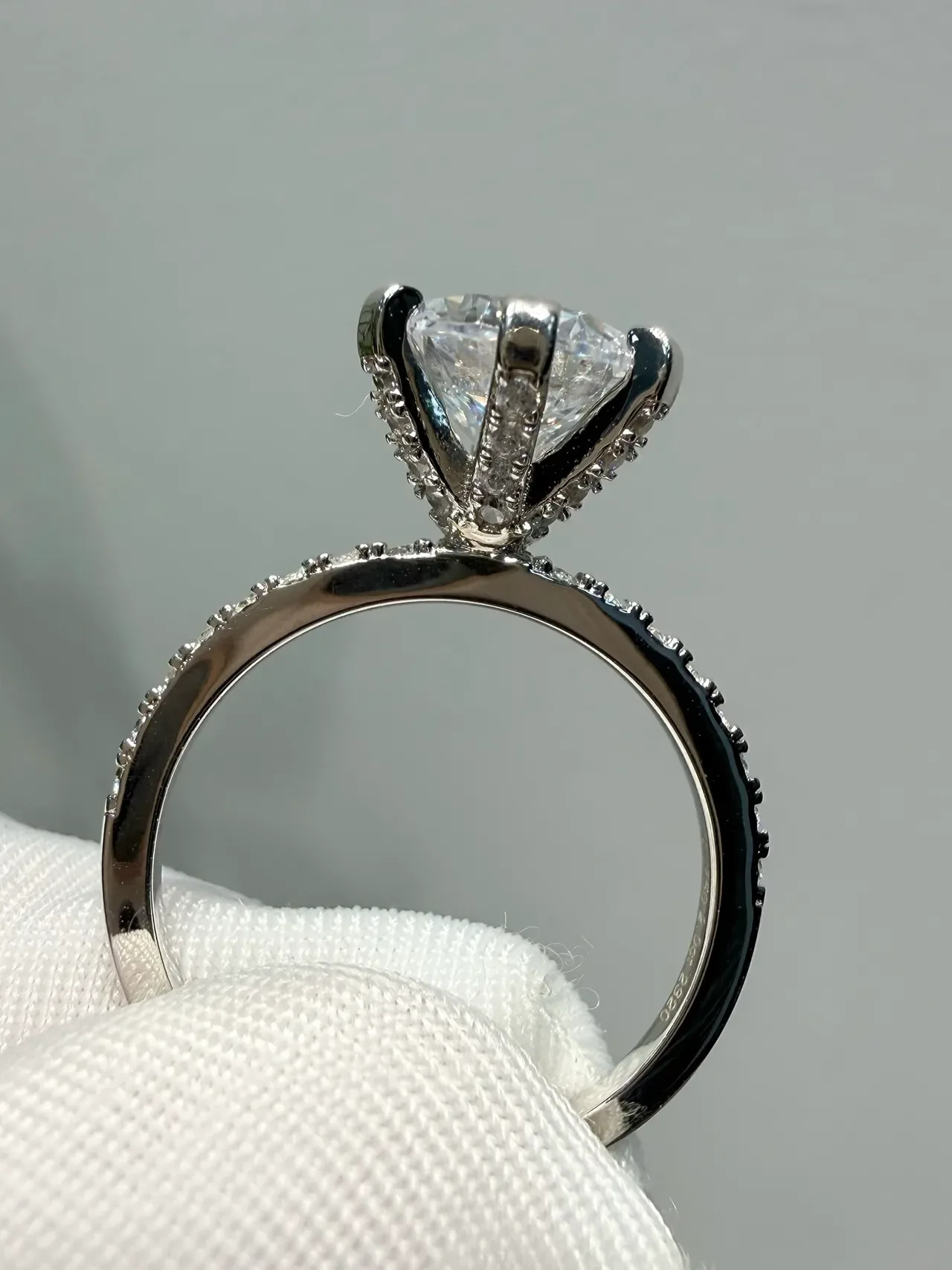 White Silver Six-Prong Solitaire Pavé Band Ring 3