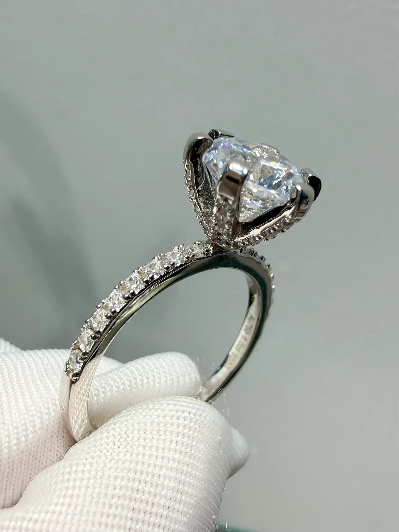 White Silver Six-Prong Solitaire Pavé Band Ring 4