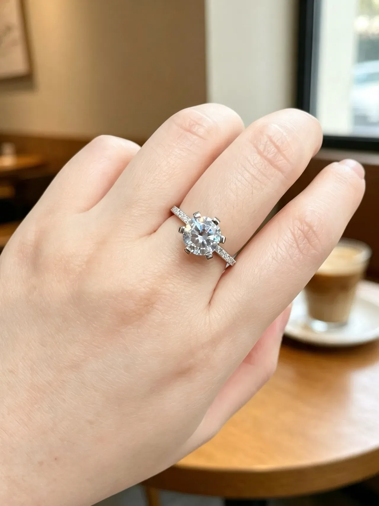 White Silver Six-Prong Solitaire Pavé Band Ring 7