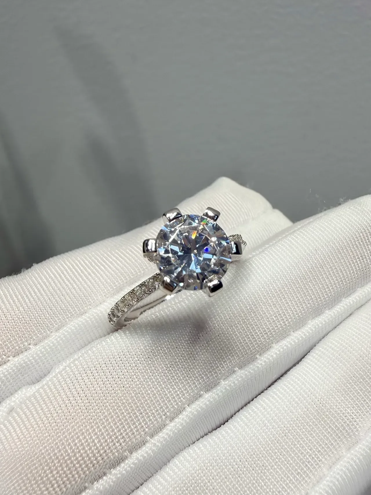 White Silver Six-Prong Solitaire Pavé Band Ring 9