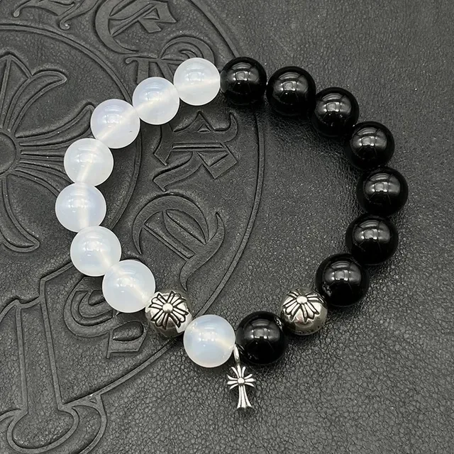 White Silver Translucent Agate-Style Beads Oxidized Floral Spacer Bracelet 6