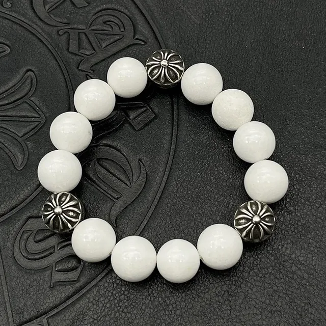 White Silver Translucent Agate-Style Beads Oxidized Floral Spacer Bracelet 7