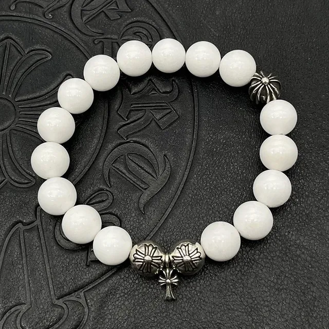 White Silver Translucent Agate-Style Beads Oxidized Floral Spacer Bracelet 8