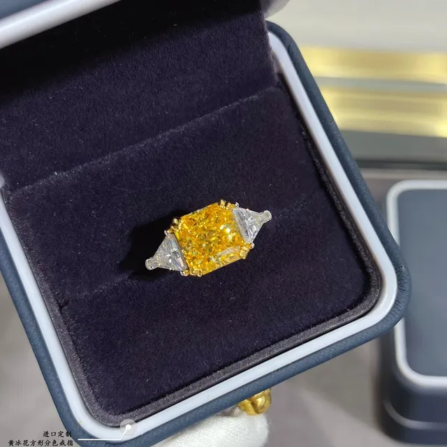 Yellow Cushion-Cut Center Stone Trillion Side Stone Ring 2
