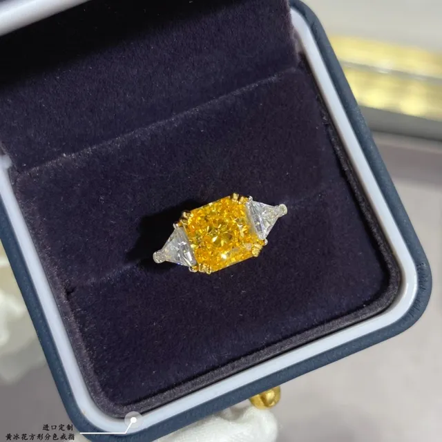 Yellow Cushion-Cut Center Stone Trillion Side Stone Ring 7