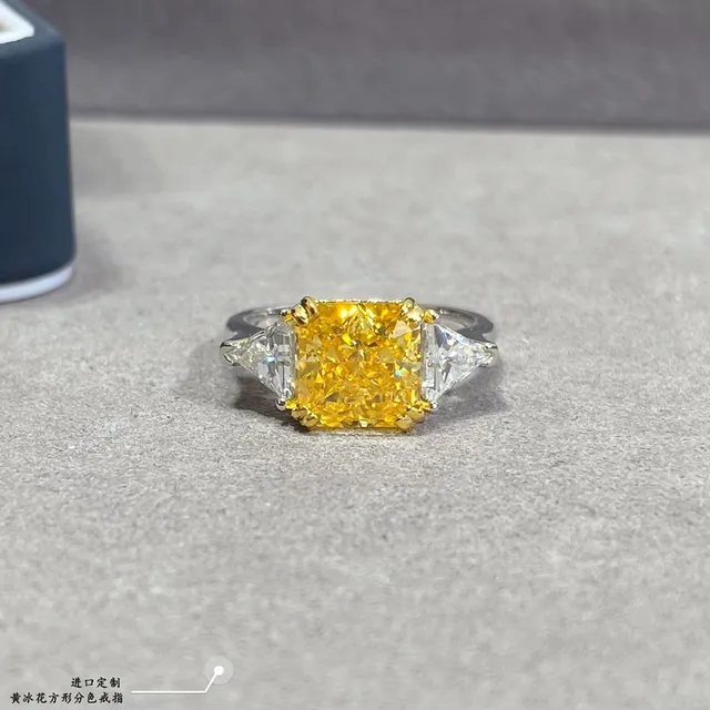 Yellow Cushion-Cut Center Stone Trillion Side Stone Ring 8