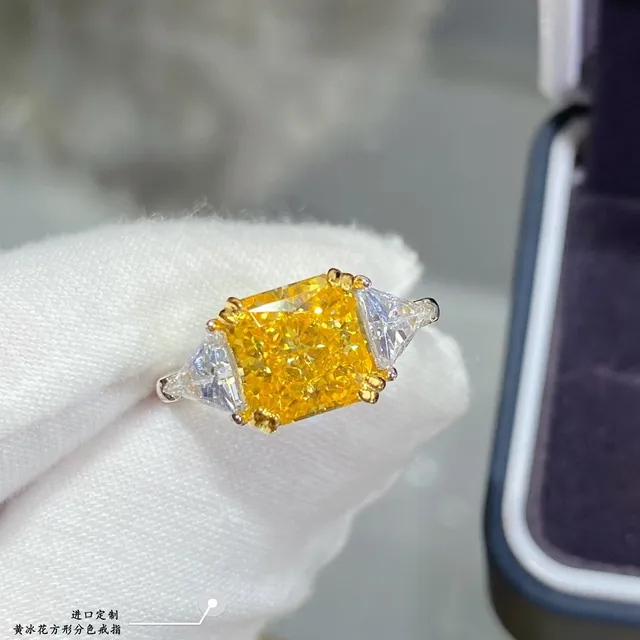 Yellow Cushion-Cut Center Stone Trillion Side Stone Ring 9