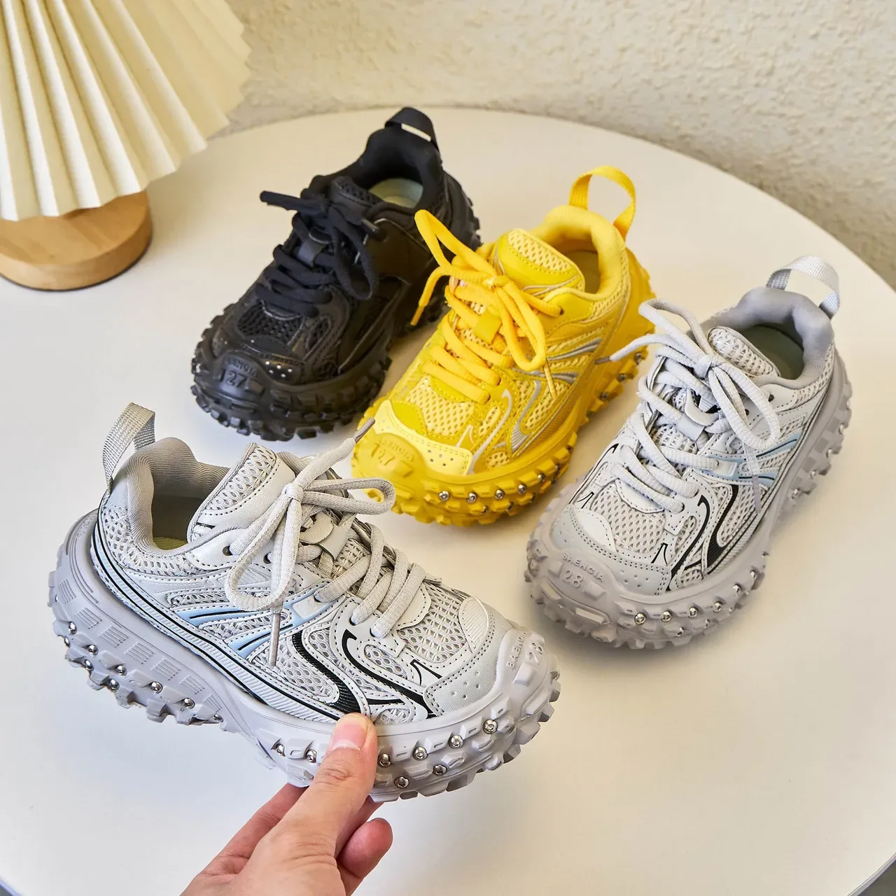Yellow Silver Chunky Sole Studded Lug Outsole Sneakers 3