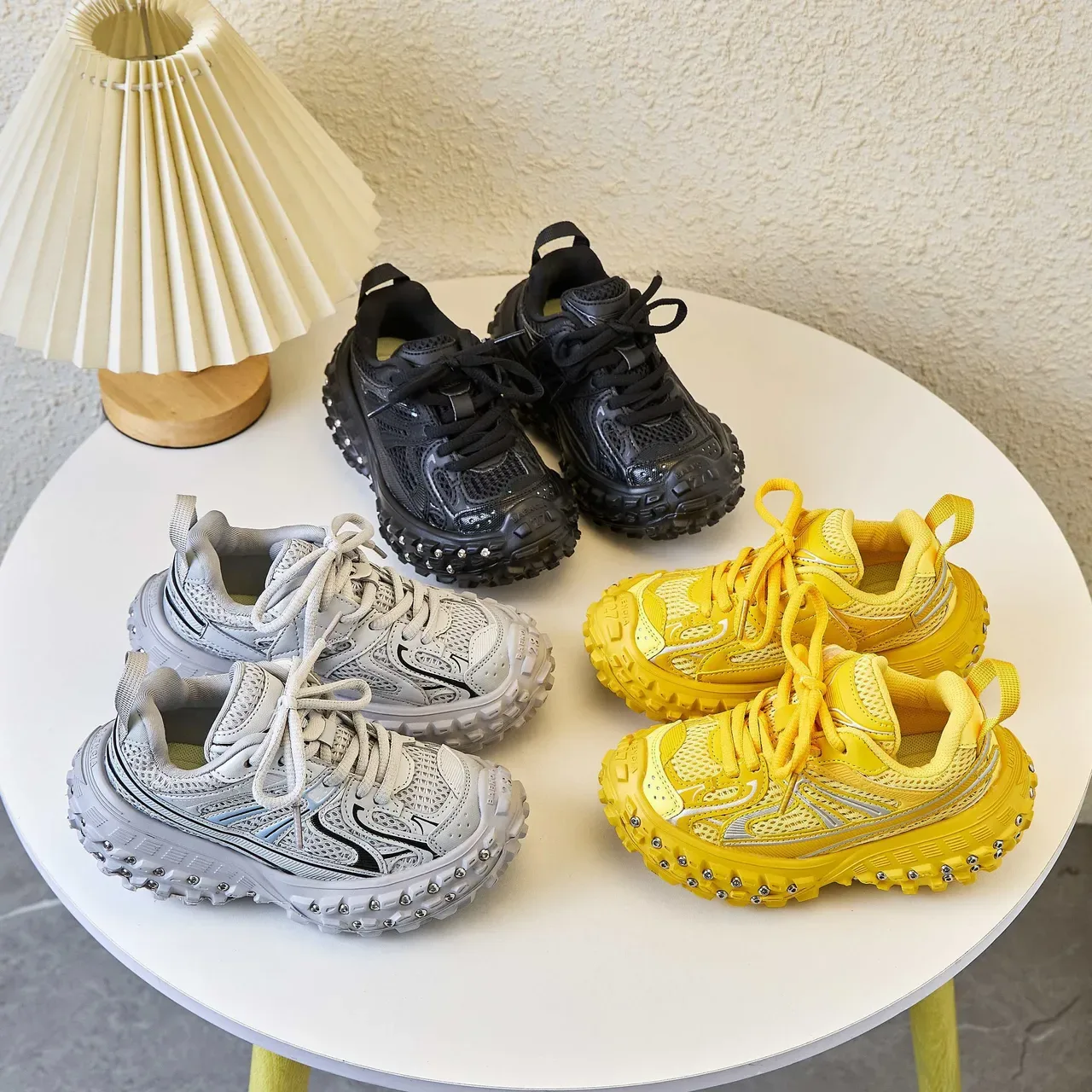 Yellow Silver Chunky Sole Studded Lug Outsole Sneakers 4