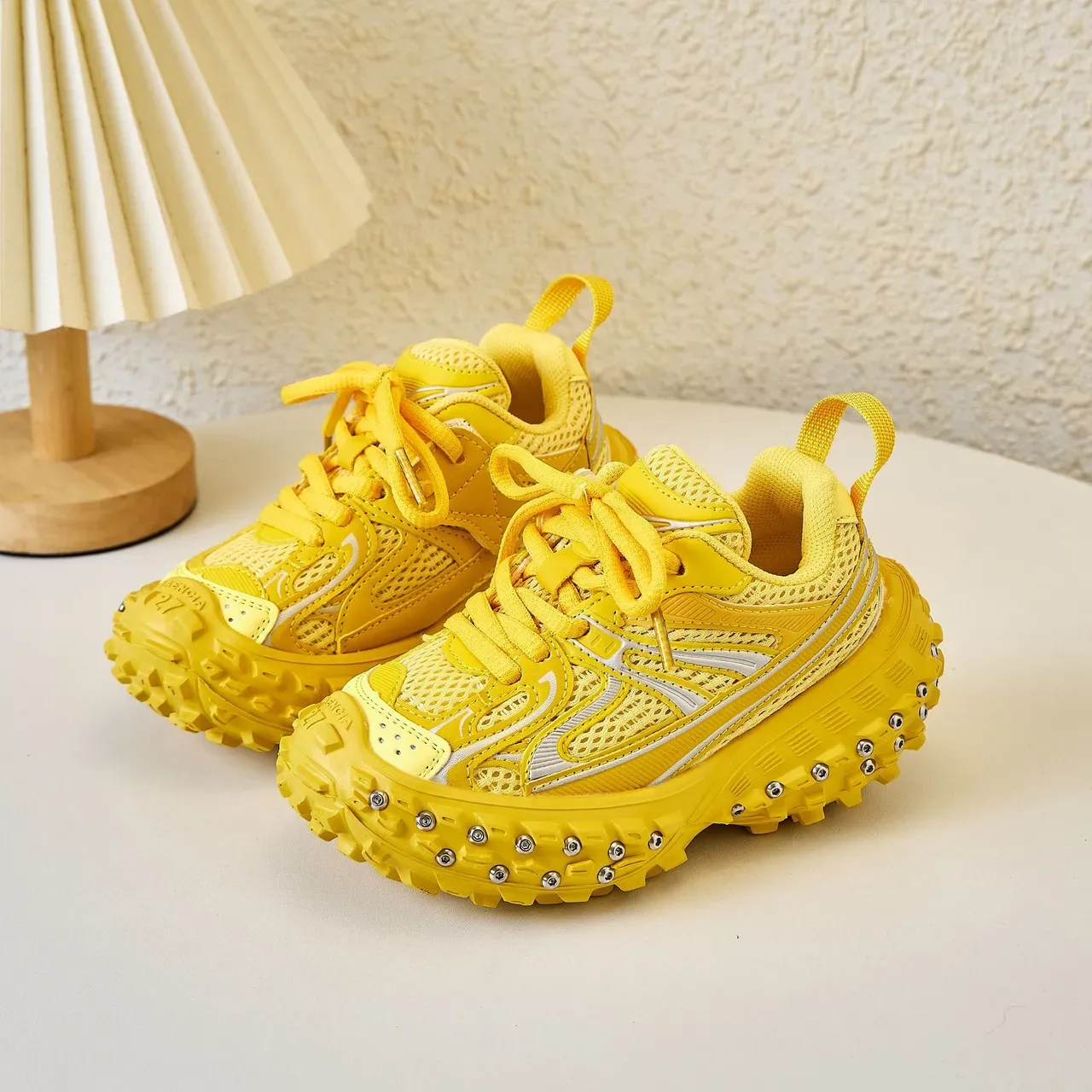 Yellow Silver Chunky Sole Studded Lug Outsole Sneakers 15