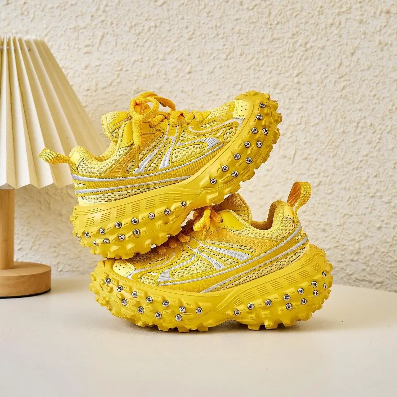 Yellow Silver Chunky Sole Studded Lug Outsole Sneakers 16