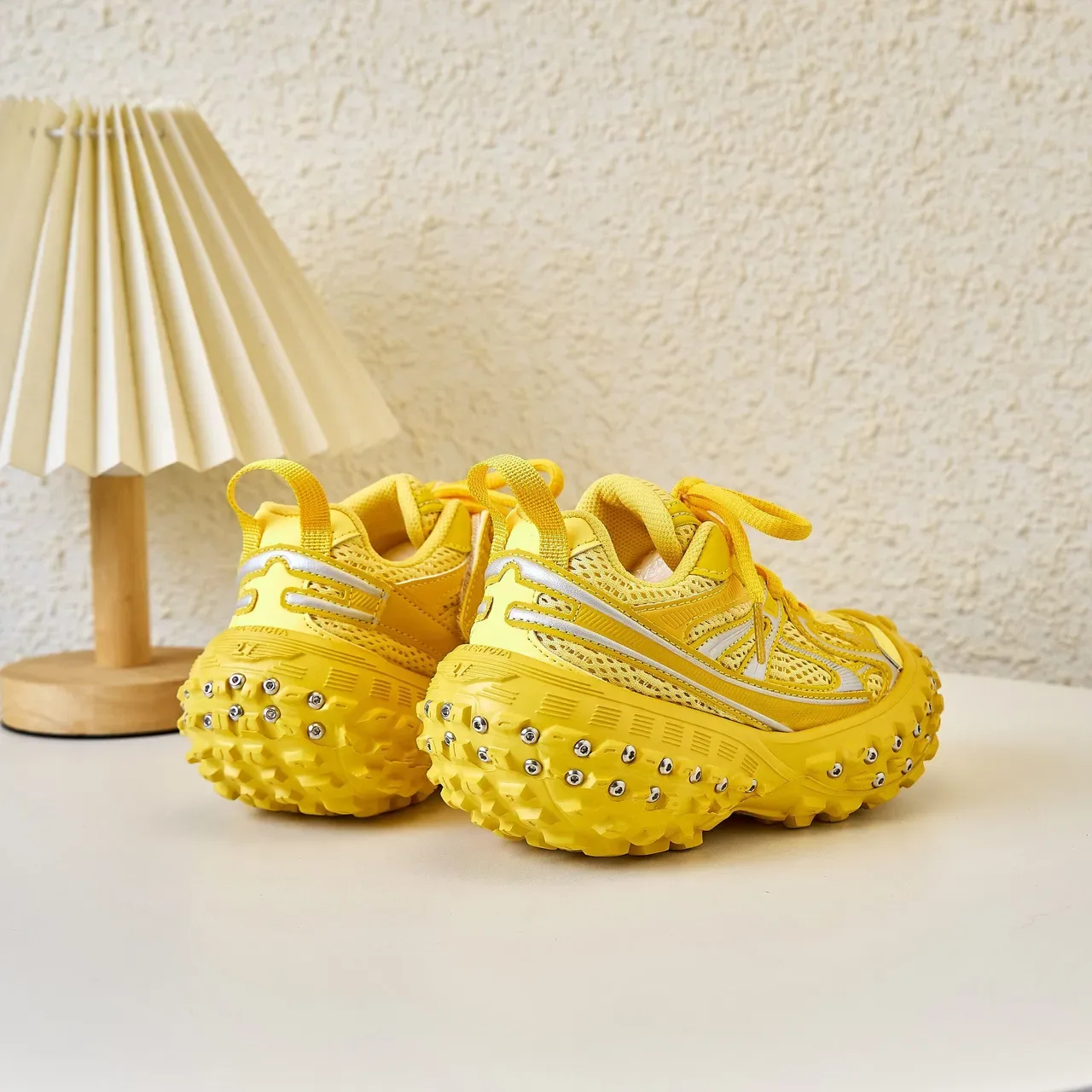 Yellow Silver Chunky Sole Studded Lug Outsole Sneakers 19