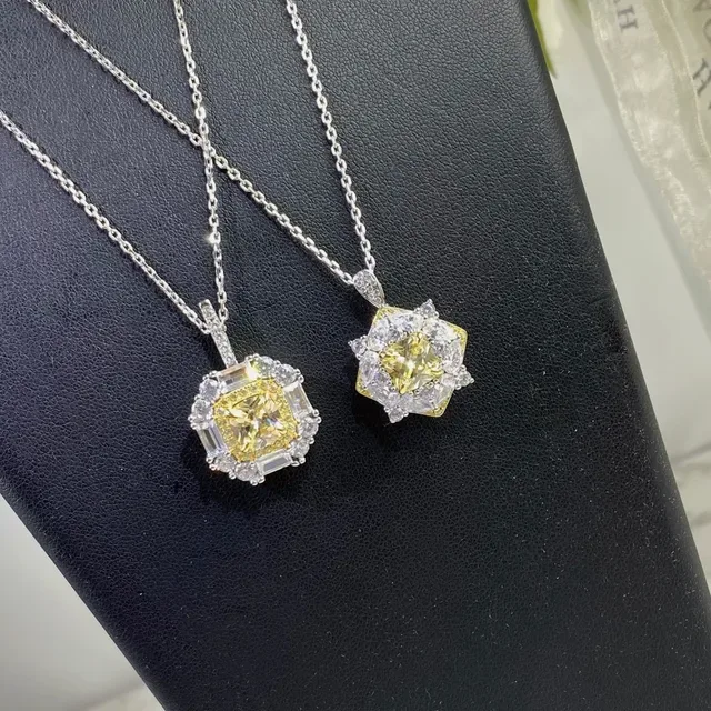 Yellow Silver Cushion-Cut Central Stone Halo Setting Necklace 5