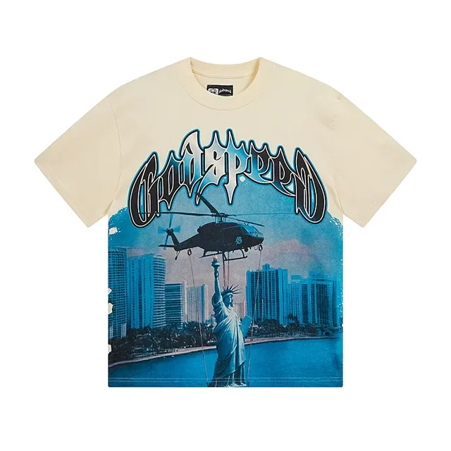 Godspeed Beige Blue Double-Sided Graphic Print Gothic Typography T-Shirt 2