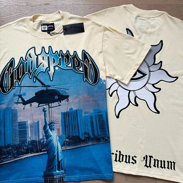 Godspeed Beige Blue Double-Sided Graphic Print Gothic Typography T-Shirt 5