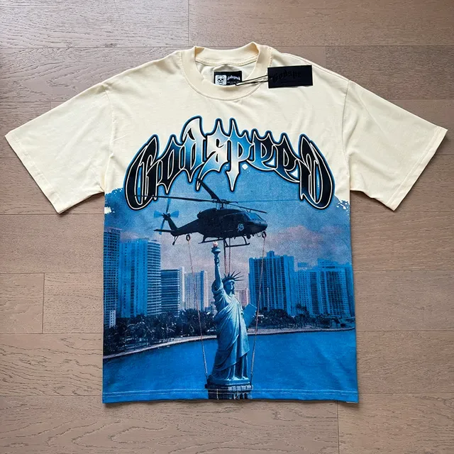 Godspeed Beige Blue Double-Sided Graphic Print Gothic Typography T-Shirt 6