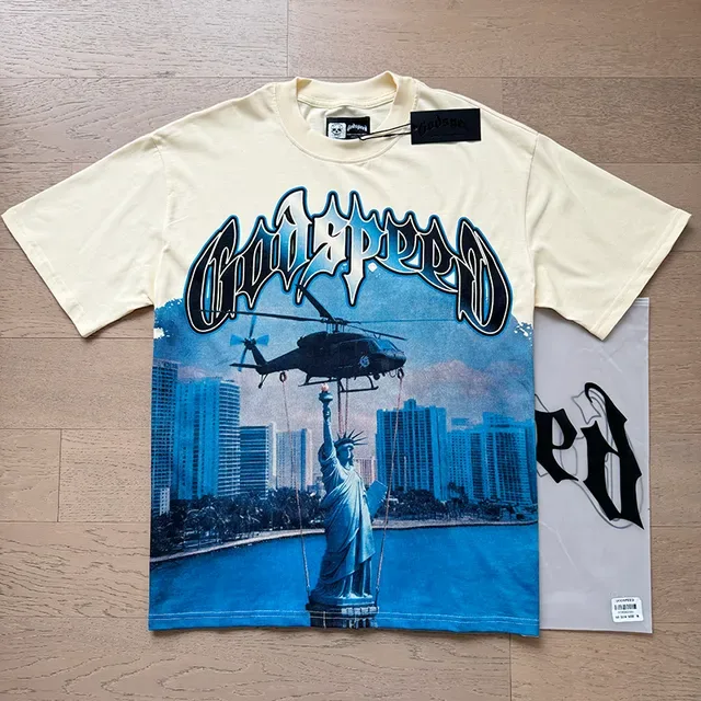 Godspeed Beige Blue Double-Sided Graphic Print Gothic Typography T-Shirt 7