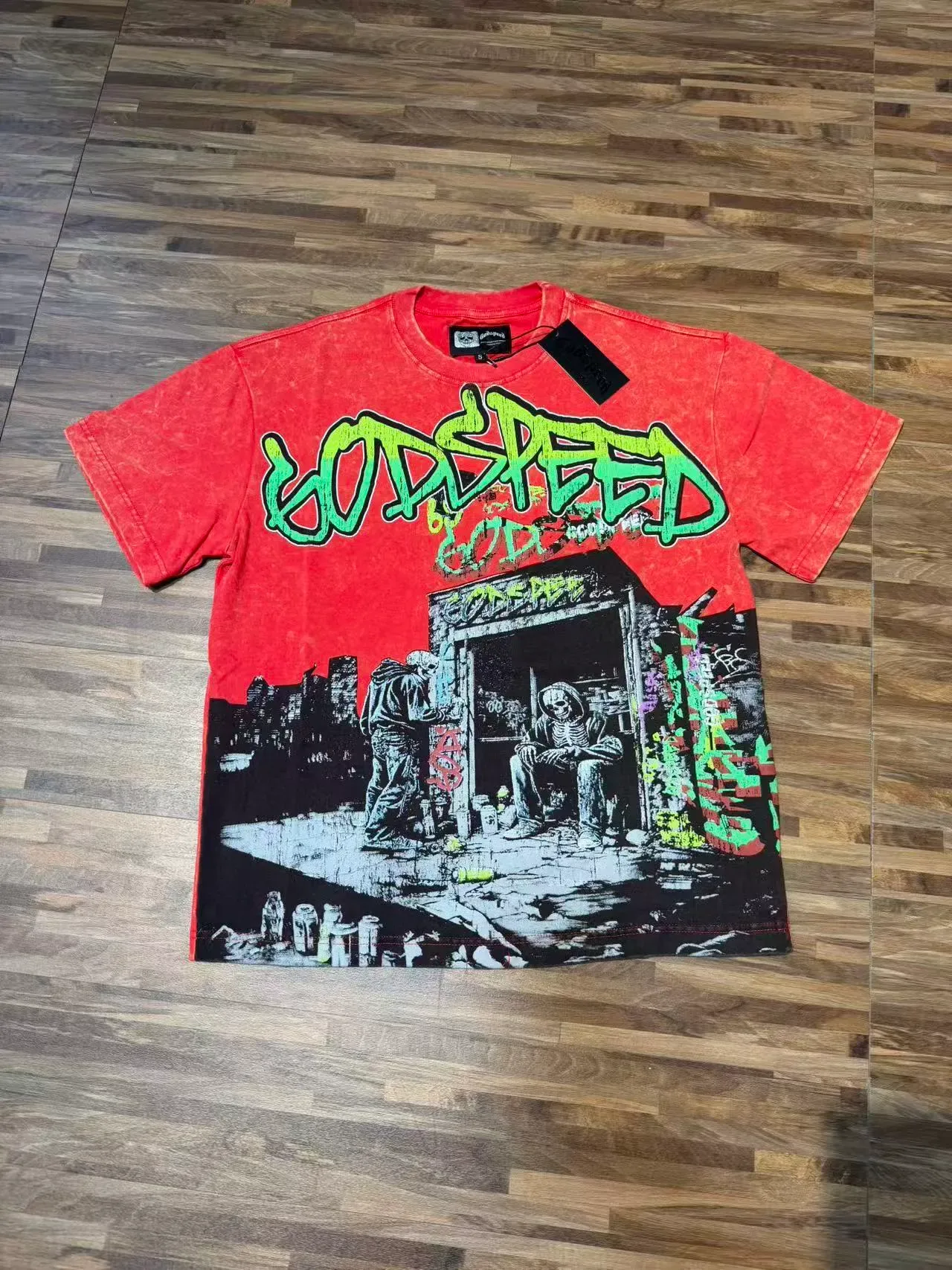 Godspeed Red Green Acid-Wash Graffiti-Print T-Shirt 2